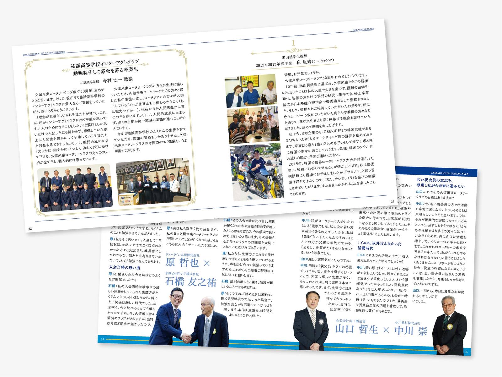 記念誌の中面の見開き2つ。会員や関係者の寄稿と写真、2人ずつの対談ページ