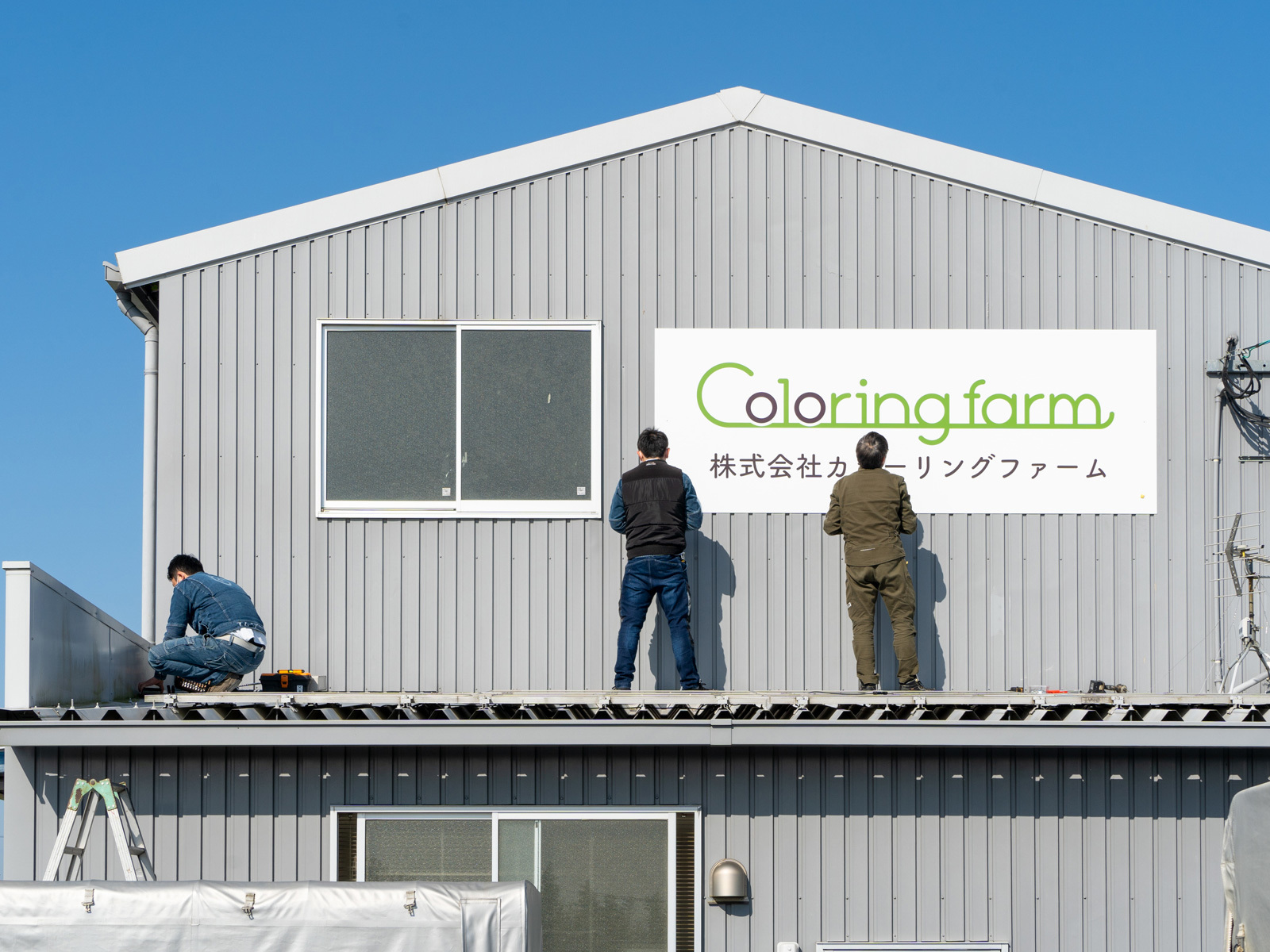 青空の下、倉庫の屋根に上がった作業員たちと、外壁に取り付けた「Coloring farm」の看板