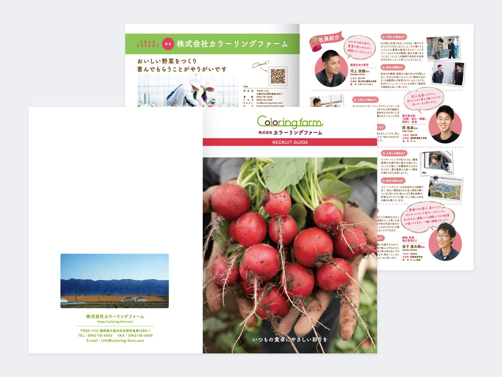 両手いっぱいのラディッシュの写真に「Coloring farm RECRUIT GUIDE」の表紙と、山並みの写真の裏表紙、社員紹介の中面
