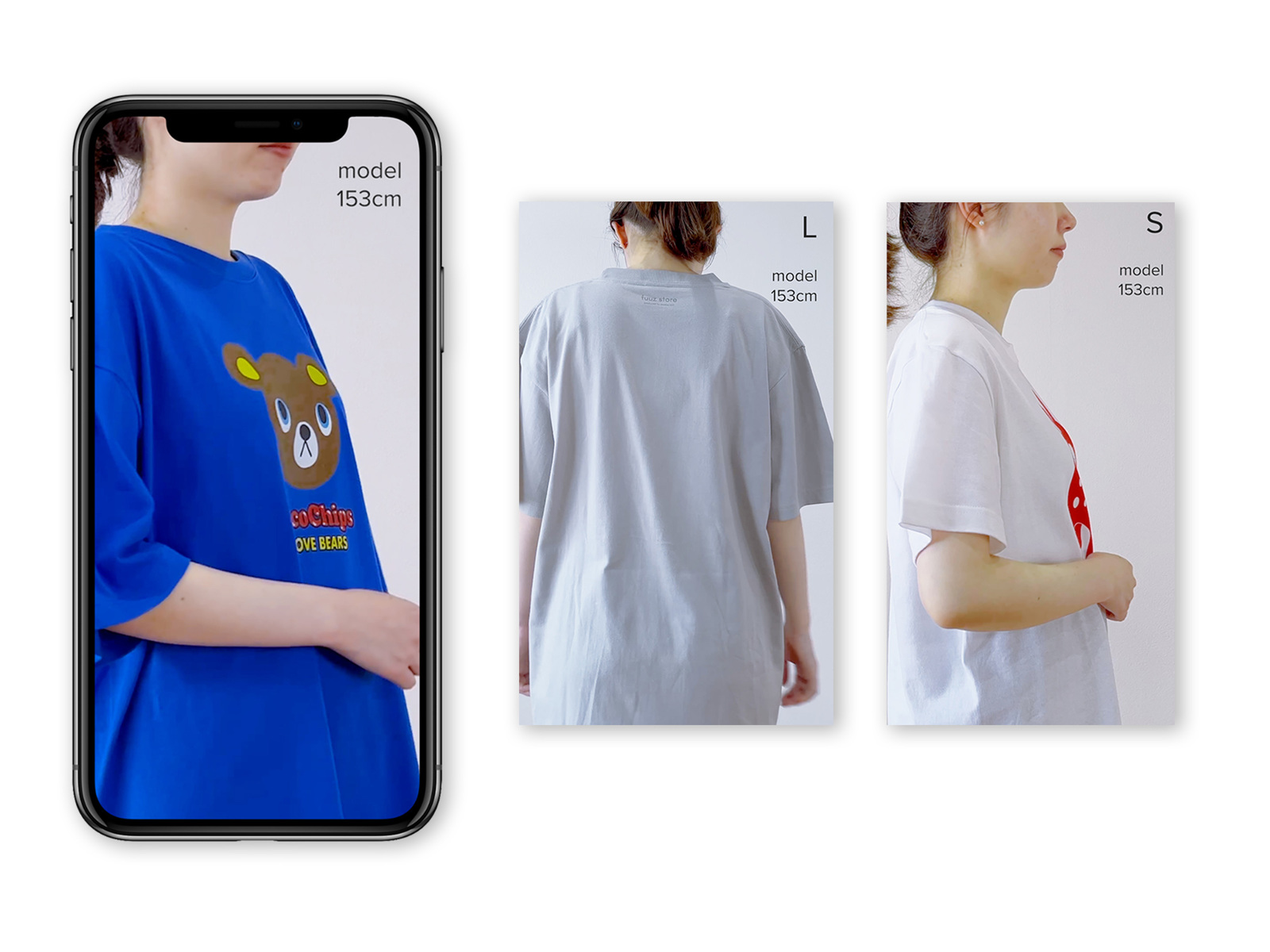 縦型動画の3つの場面。青・グレー・白のTシャツを着たモデルの横や後ろ姿に「model 153cm」とサイズの表示