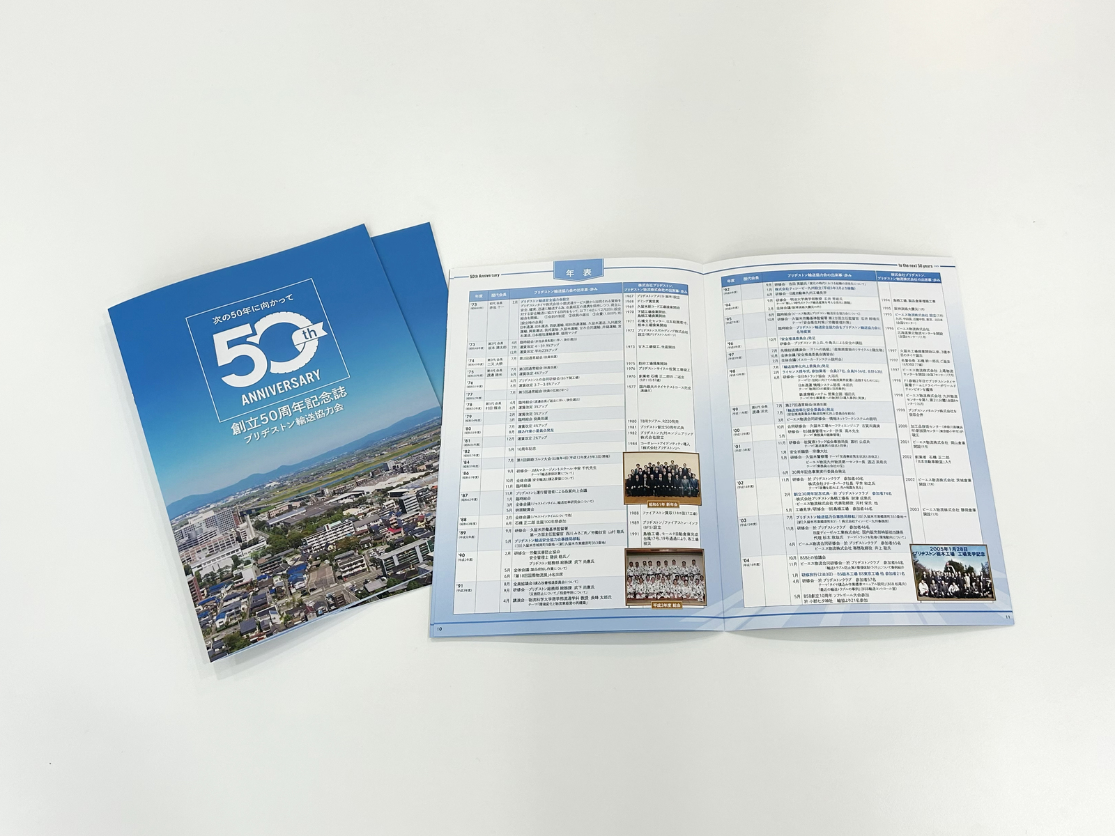 街並みを空から写した写真に「50th ANNIVERSARY 創立50周年記念誌」の表紙と、年表を開いた中面