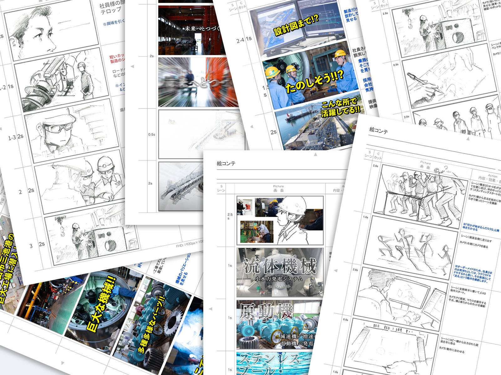 動画の絵コンテを何枚も重ねたもの。工場で働く人の鉛筆の下絵と、「巨大な機械!!」「流体機械」などの文字を入れた場面