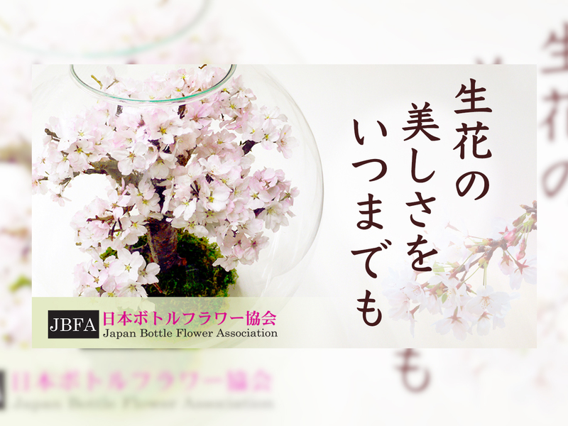 ガラスの器に入れた桜のボトルフラワーの写真に、縦書きの「生花の美しさをいつまでも」と「日本ボトルフラワー協会」のロゴ