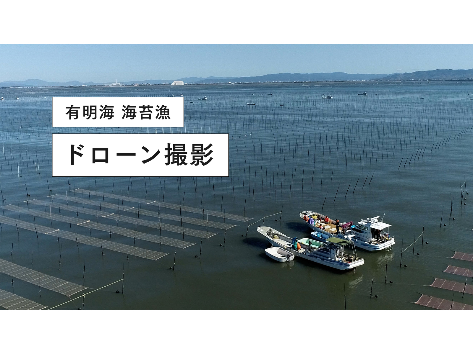 海苔の養殖網が並ぶ海に漁船が集まる様子を空から撮った映像に「有明海 海苔漁 ドローン撮影」の文字